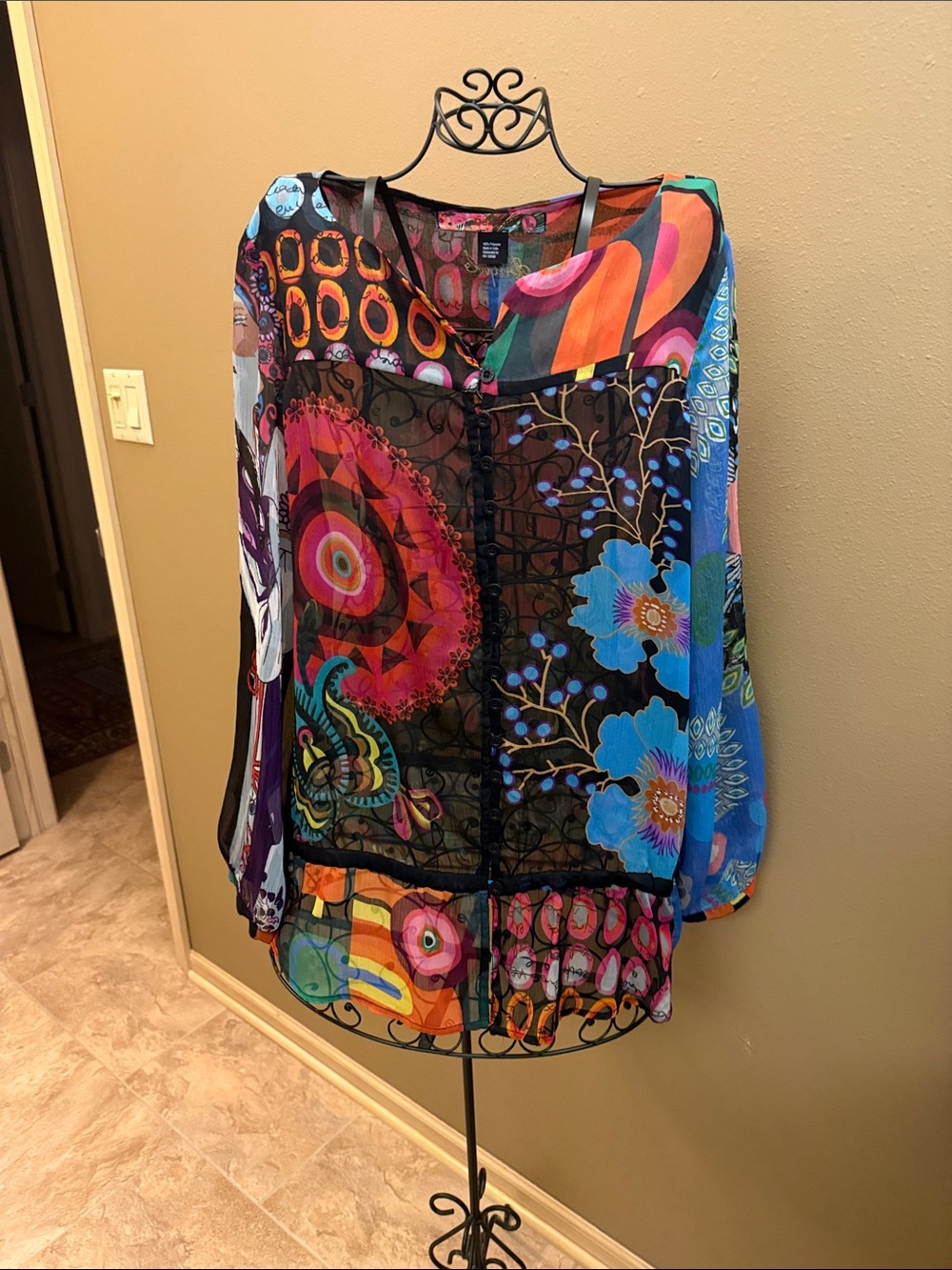 Desigual Multi-Color Sheer Floral & Abstract Button Blouse